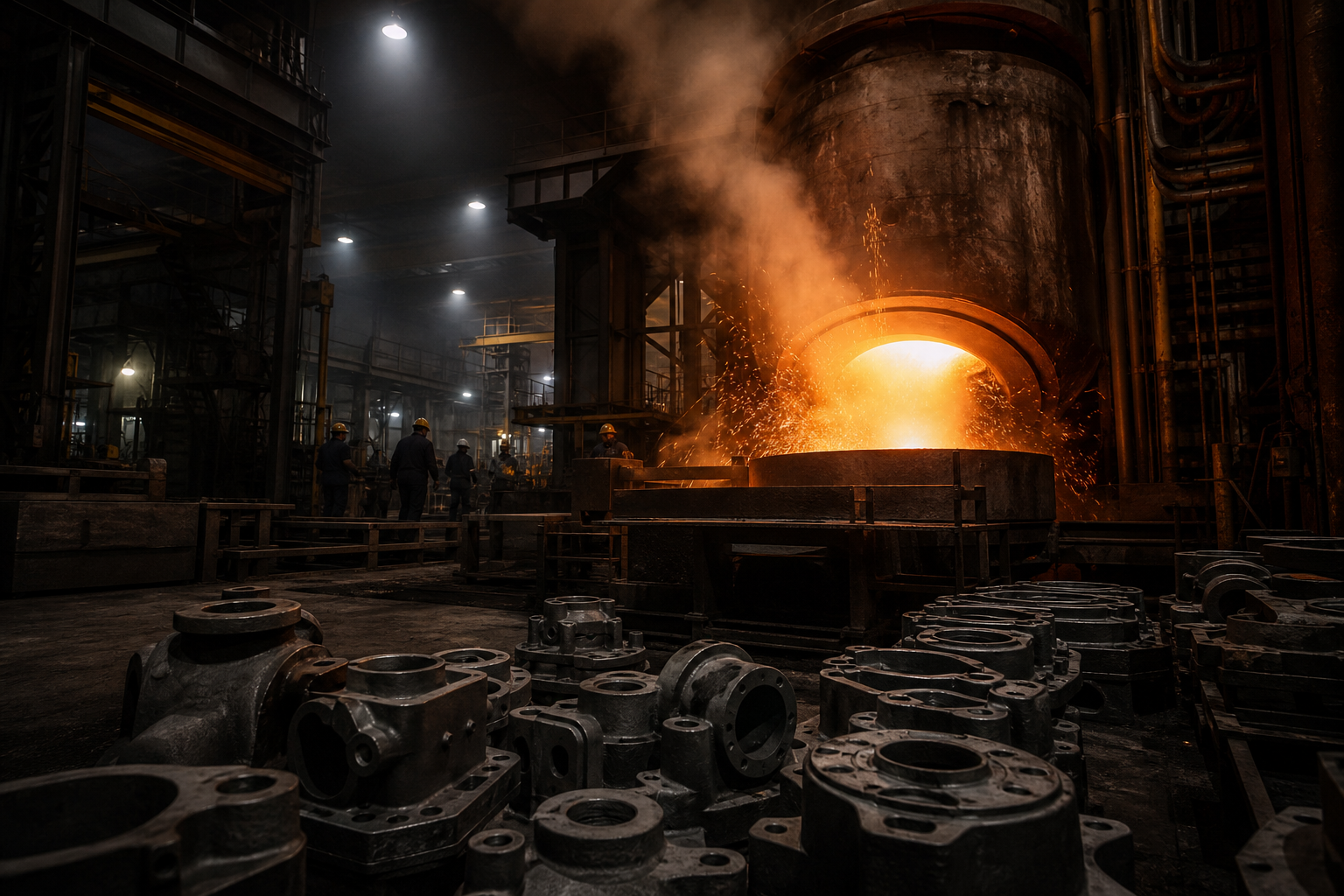 Coreless induction furnace and machined cast iron components on the foundry floor at Venkatesh Industries